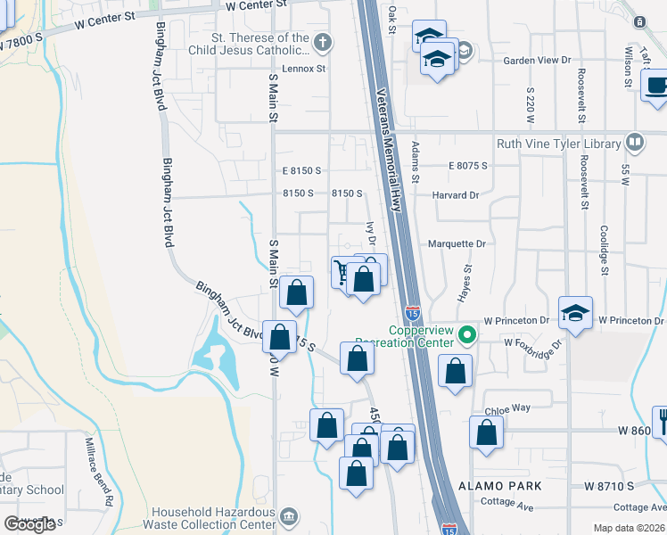 map of restaurants, bars, coffee shops, grocery stores, and more near 591 Tiffany Town Drive in Midvale