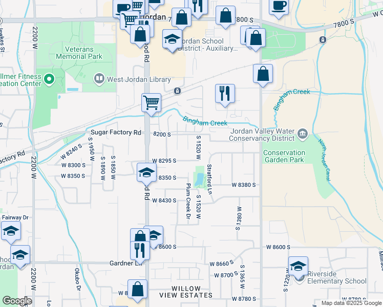 map of restaurants, bars, coffee shops, grocery stores, and more near 1533 West 8295 South in West Jordan