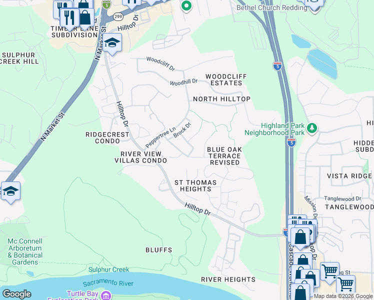 map of restaurants, bars, coffee shops, grocery stores, and more near 725 Fuller Court in Redding