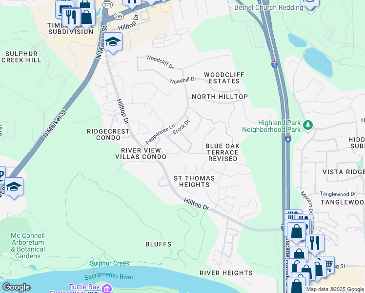 map of restaurants, bars, coffee shops, grocery stores, and more near 725 Fuller Court in Redding