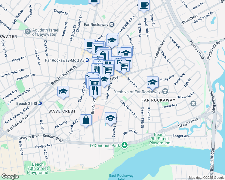 map of restaurants, bars, coffee shops, grocery stores, and more near 595 Beach 19th Street in Queens