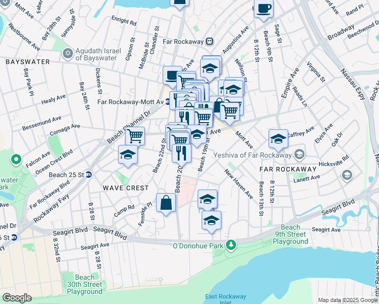 map of restaurants, bars, coffee shops, grocery stores, and more near 5-36 Beach 20th Street in Queens
