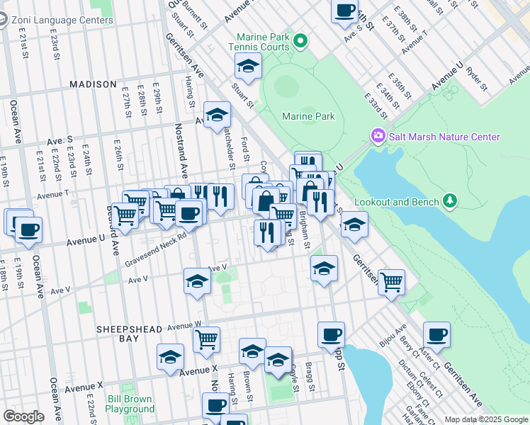 map of restaurants, bars, coffee shops, grocery stores, and more near 2113 Ford Street in Brooklyn