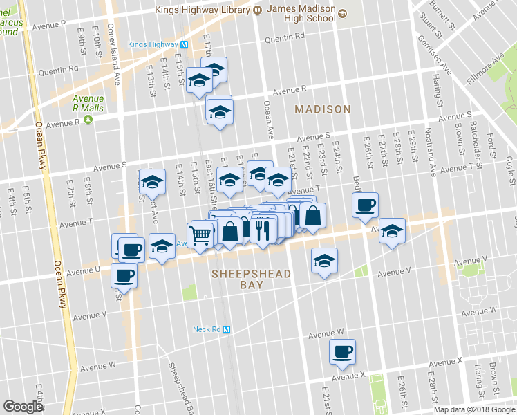 map of restaurants, bars, coffee shops, grocery stores, and more near 2040 East 19th Street in Brooklyn