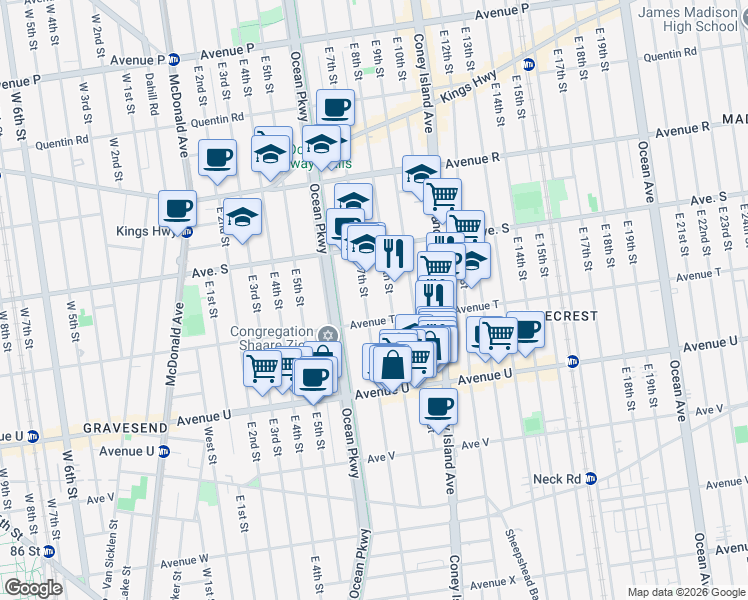 map of restaurants, bars, coffee shops, grocery stores, and more near 619 Avenue T in Brooklyn