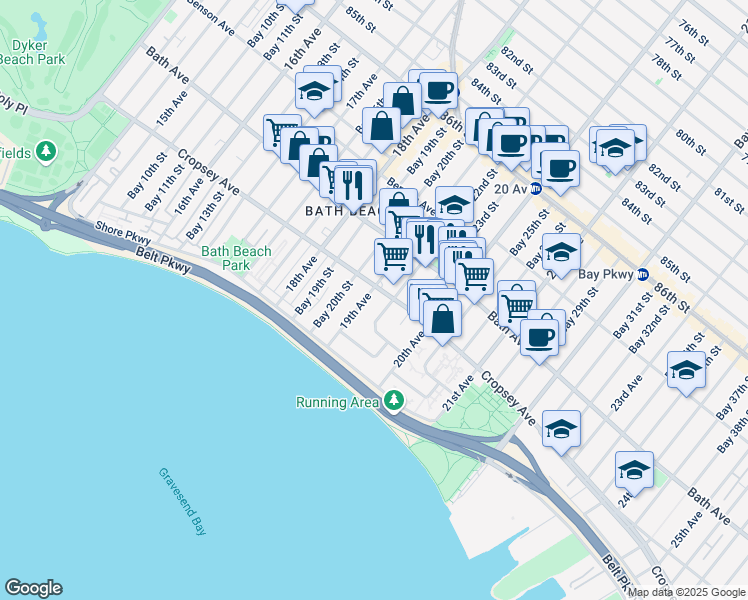 map of restaurants, bars, coffee shops, grocery stores, and more near 260 Bay 22nd Street in Brooklyn