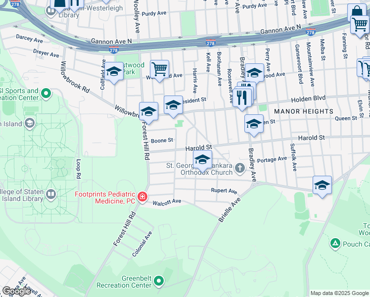 map of restaurants, bars, coffee shops, grocery stores, and more near 95 Fields Avenue in Staten Island