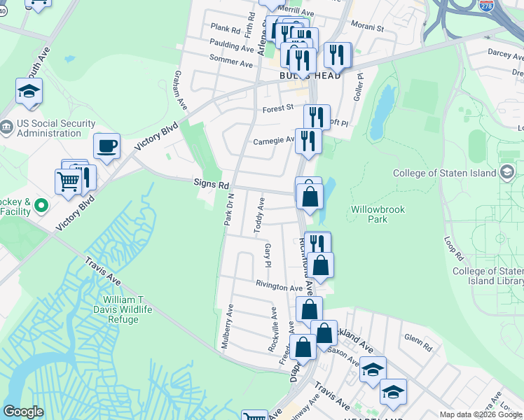 map of restaurants, bars, coffee shops, grocery stores, and more near 60 Toddy Avenue in Staten Island