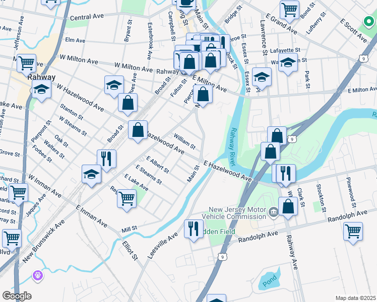 map of restaurants, bars, coffee shops, grocery stores, and more near 1118 Main Street in Rahway