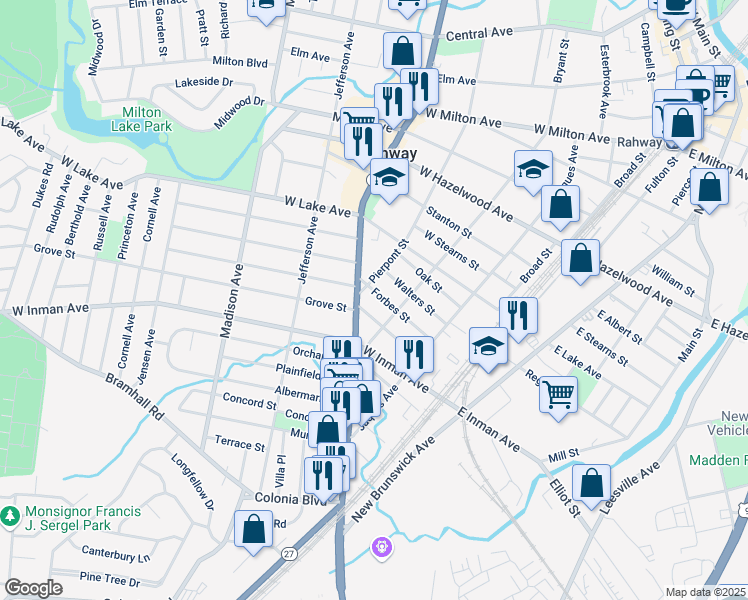 map of restaurants, bars, coffee shops, grocery stores, and more near 606 Bryant Street in Rahway