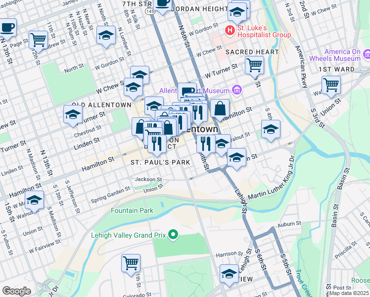 map of restaurants, bars, coffee shops, grocery stores, and more near 737 Walnut Street in Allentown