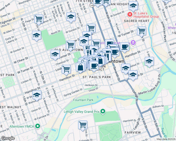 map of restaurants, bars, coffee shops, grocery stores, and more near 26 South 9th Street in Allentown