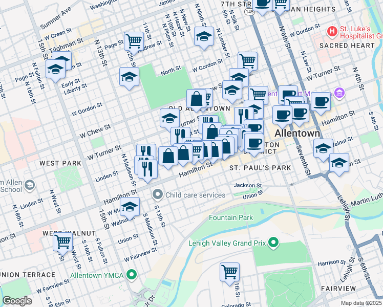 map of restaurants, bars, coffee shops, grocery stores, and more near 19 11th Street in Allentown
