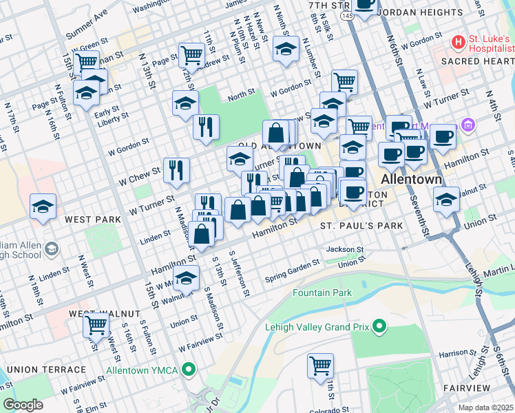 map of restaurants, bars, coffee shops, grocery stores, and more near 1139 West Court Street in Allentown