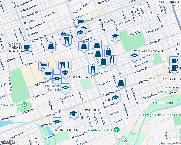 map of restaurants, bars, coffee shops, grocery stores, and more near 1525 West Turner Street in Allentown