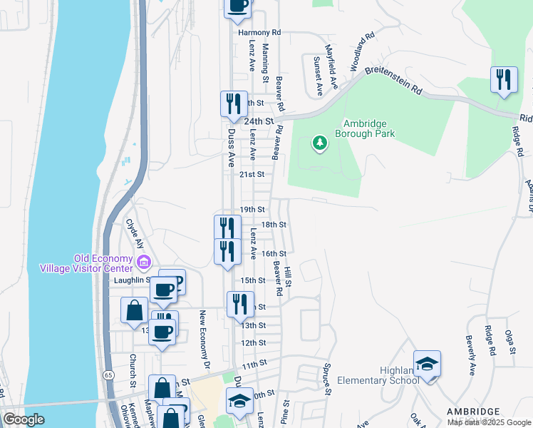 map of restaurants, bars, coffee shops, grocery stores, and more near 812 18th Street in Ambridge