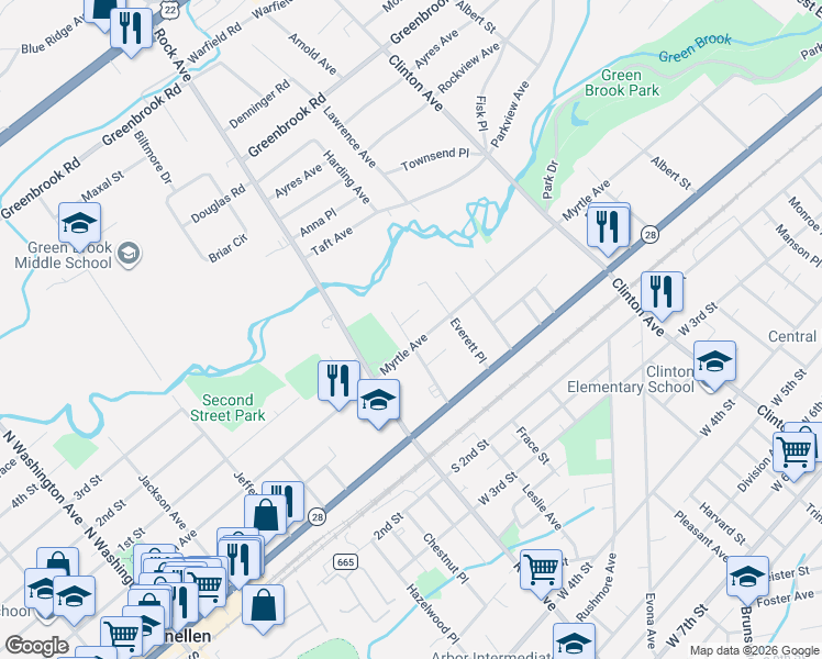 map of restaurants, bars, coffee shops, grocery stores, and more near 1626-28 Myrtle Avenue in Plainfield