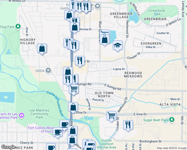 map of restaurants, bars, coffee shops, grocery stores, and more near 1044 Jerome Street in Fort Collins
