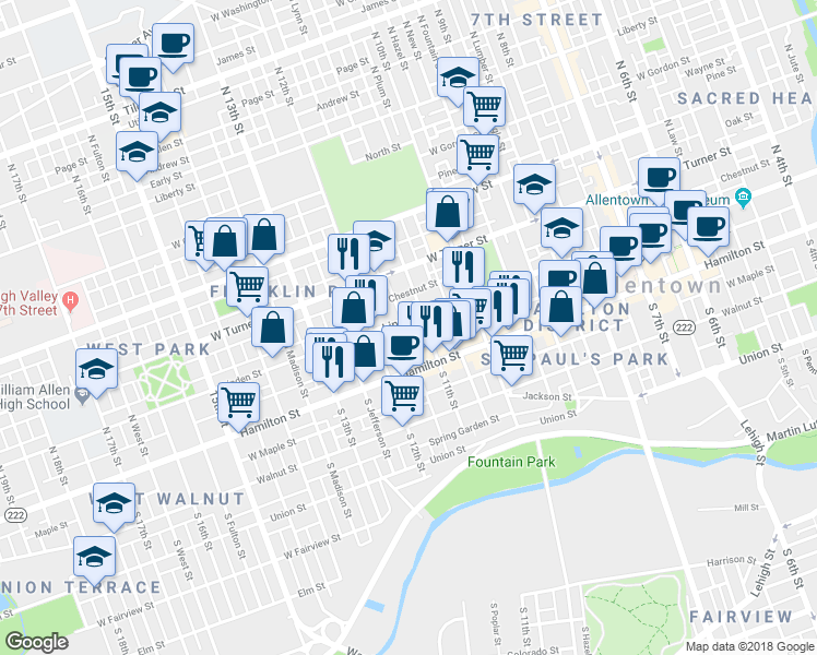 map of restaurants, bars, coffee shops, grocery stores, and more near 1116 West Linden Street in Allentown