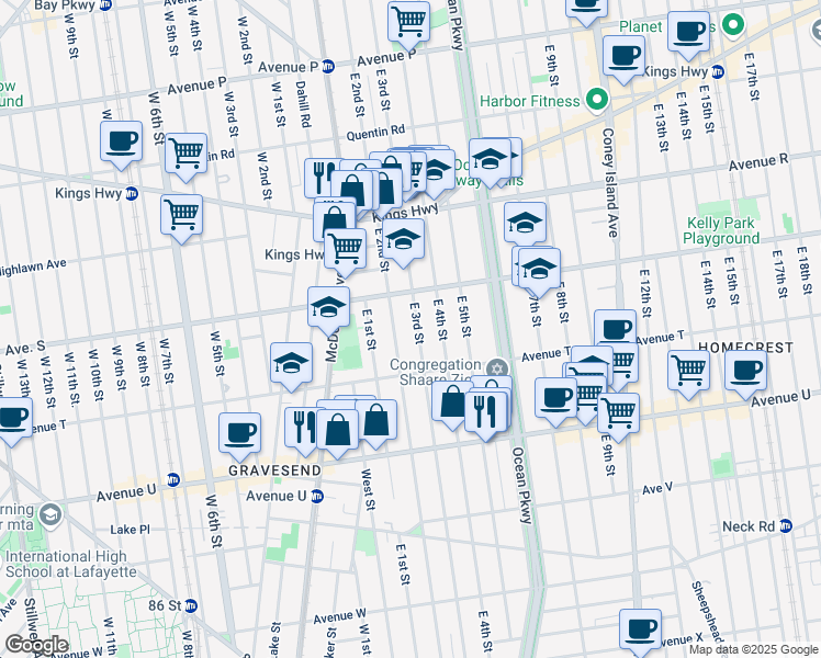 map of restaurants, bars, coffee shops, grocery stores, and more near 2040 East 3rd Street in Brooklyn