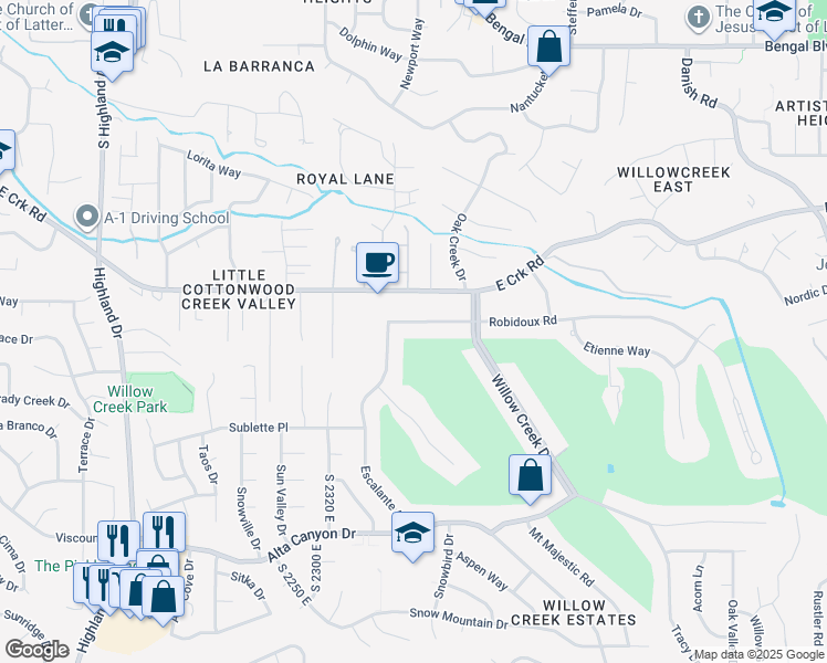 map of restaurants, bars, coffee shops, grocery stores, and more near 2458 Robidoux Road in Sandy