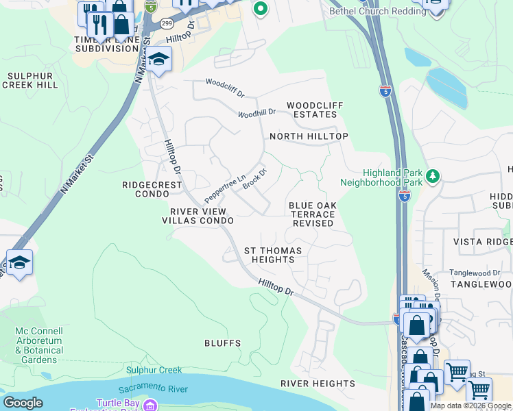 map of restaurants, bars, coffee shops, grocery stores, and more near 725 Fuller Court in Redding