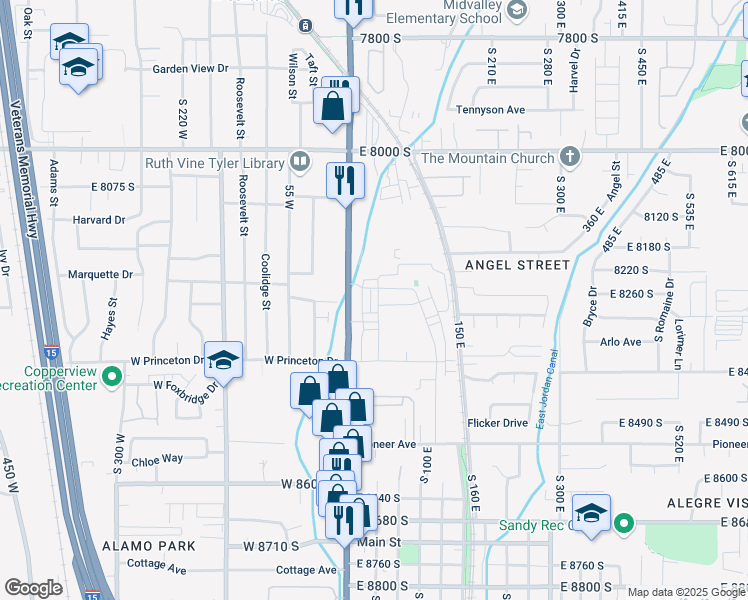 map of restaurants, bars, coffee shops, grocery stores, and more near 8274 Bellingham Drive in Sandy