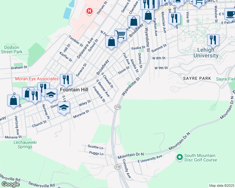 map of restaurants, bars, coffee shops, grocery stores, and more near 943 Moravia Street in Bethlehem