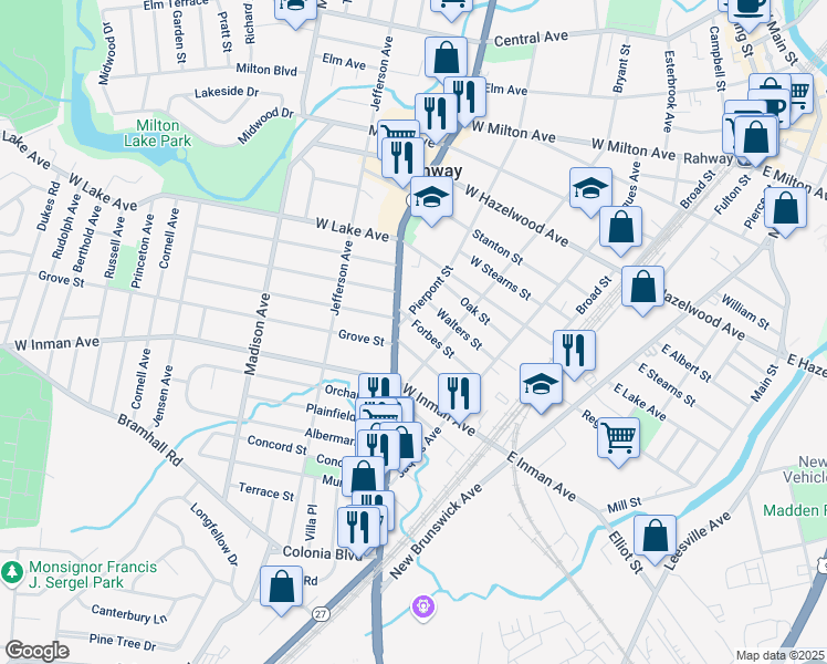 map of restaurants, bars, coffee shops, grocery stores, and more near 606 Bryant Street in Rahway