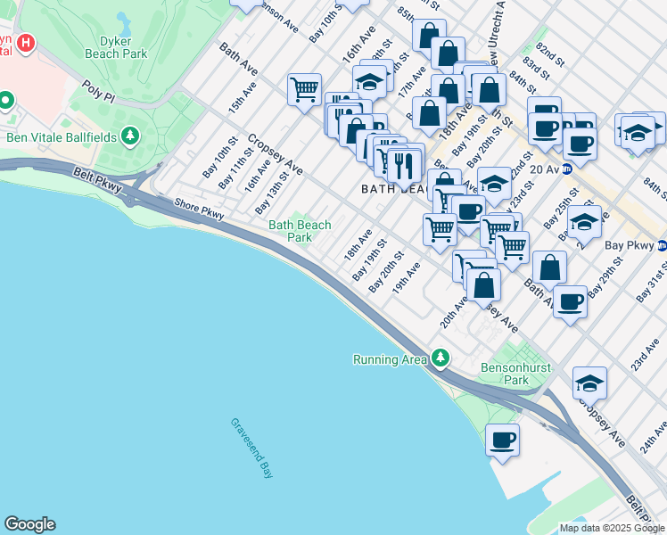 map of restaurants, bars, coffee shops, grocery stores, and more near 1295 Shore Parkway in Brooklyn
