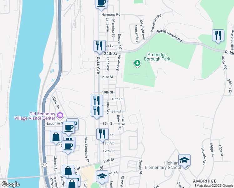 map of restaurants, bars, coffee shops, grocery stores, and more near 1816 Beaver Road in Ambridge