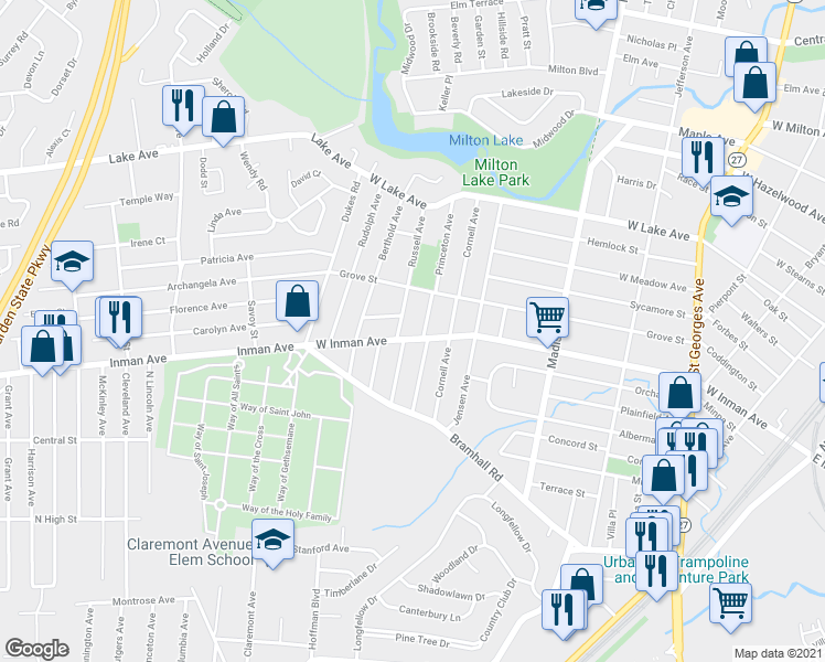 map of restaurants, bars, coffee shops, grocery stores, and more near 761 West Inman Avenue in Rahway