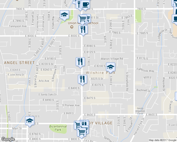 map of restaurants, bars, coffee shops, grocery stores, and more near 772 East 8270 South in Sandy