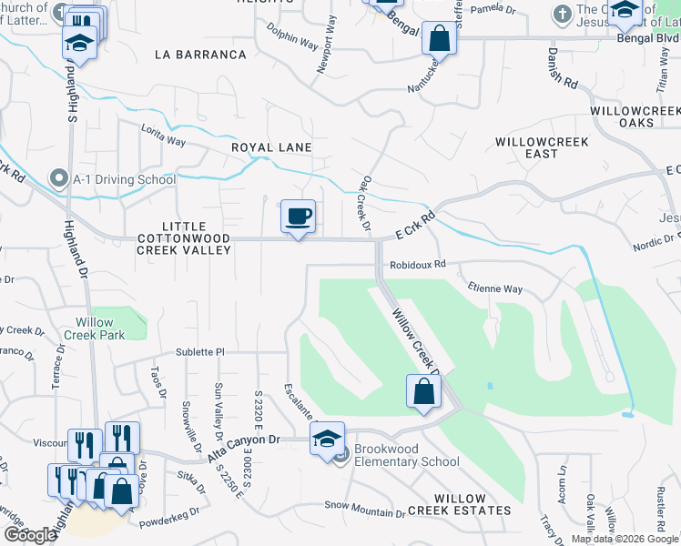 map of restaurants, bars, coffee shops, grocery stores, and more near 2458 Robidoux Road in Sandy