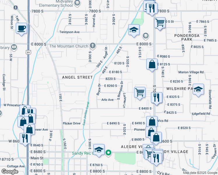 map of restaurants, bars, coffee shops, grocery stores, and more near 416 East 8260 South in Sandy