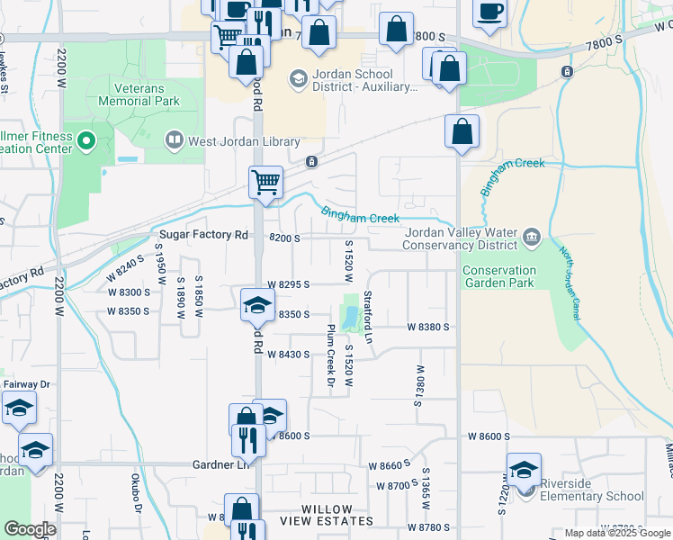 map of restaurants, bars, coffee shops, grocery stores, and more near 1533 West 8295 South in West Jordan
