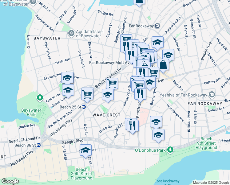 map of restaurants, bars, coffee shops, grocery stores, and more near 6-10 Grassmere Terrace in Queens