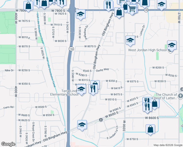 map of restaurants, bars, coffee shops, grocery stores, and more near 8265 South 3450 West in West Jordan