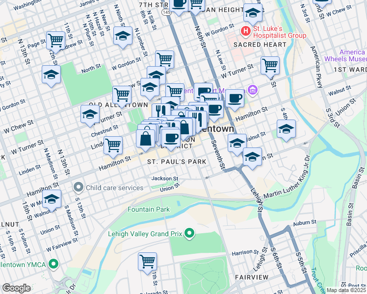 map of restaurants, bars, coffee shops, grocery stores, and more near 824 West Maple Street in Allentown