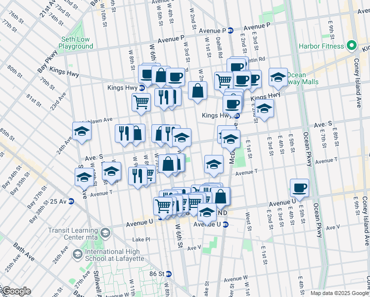 map of restaurants, bars, coffee shops, grocery stores, and more near 228 Avenue S in Brooklyn