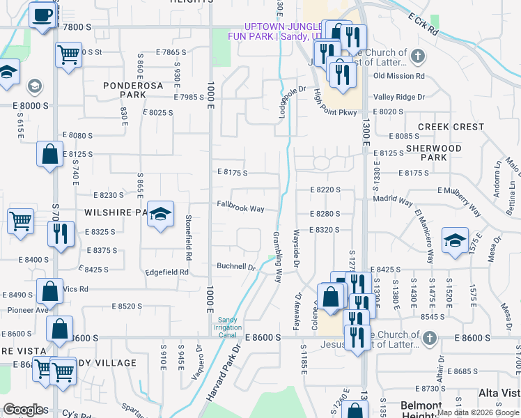 map of restaurants, bars, coffee shops, grocery stores, and more near 1065 East Fallbrook Way in Sandy