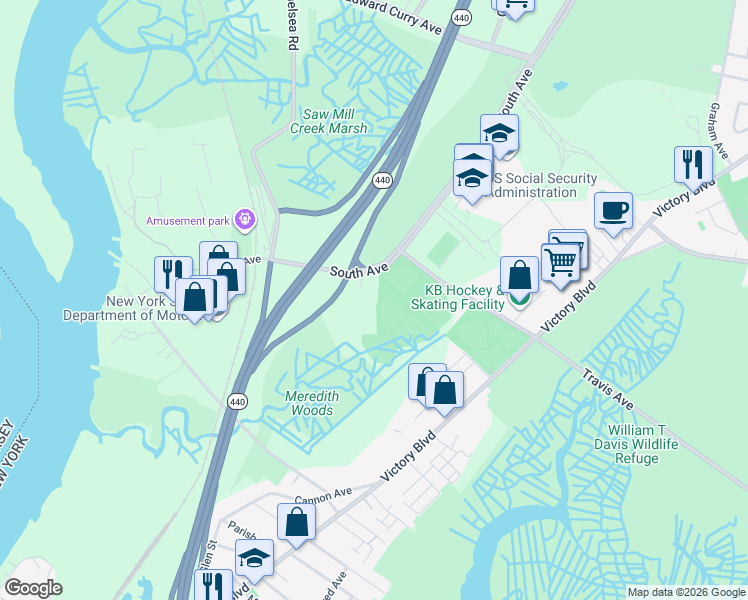 map of restaurants, bars, coffee shops, grocery stores, and more near 798 Travis Avenue in Staten Island