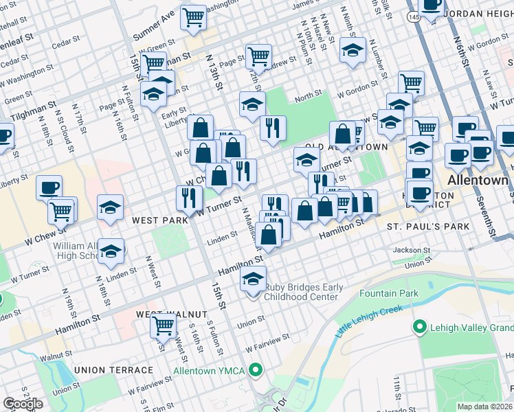map of restaurants, bars, coffee shops, grocery stores, and more near 1299 Linden Street in Allentown