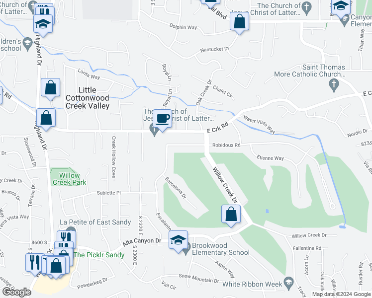 map of restaurants, bars, coffee shops, grocery stores, and more near 2486 Robidoux Road in Sandy