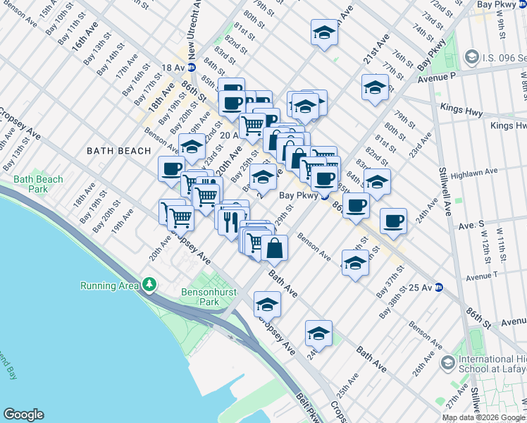map of restaurants, bars, coffee shops, grocery stores, and more near 120 Bay 28th Street in Brooklyn