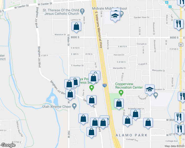 map of restaurants, bars, coffee shops, grocery stores, and more near 542 550 South in Midvale