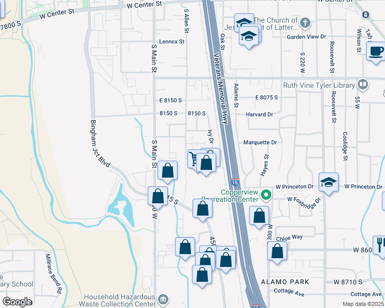 map of restaurants, bars, coffee shops, grocery stores, and more near 591 Tiffany Town Drive in Midvale
