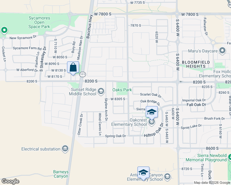 map of restaurants, bars, coffee shops, grocery stores, and more near 6746 West 8305 South in West Jordan