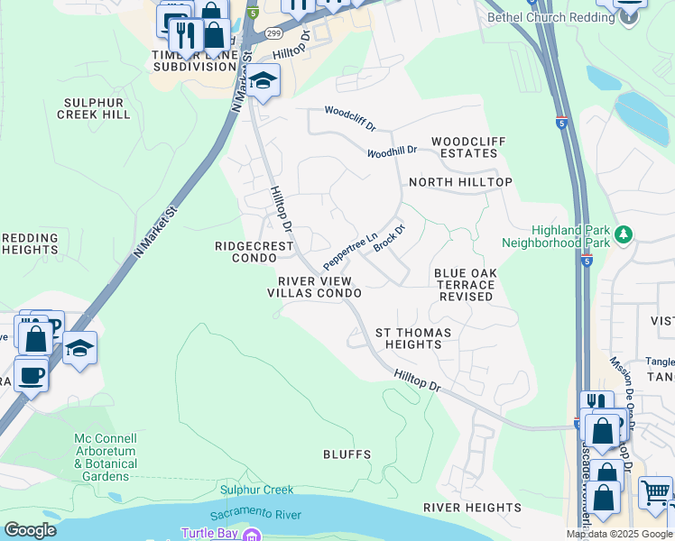 map of restaurants, bars, coffee shops, grocery stores, and more near 320 Hilltop Drive in Redding