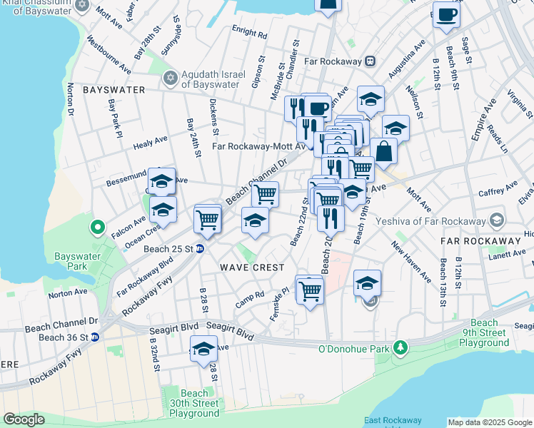 map of restaurants, bars, coffee shops, grocery stores, and more near 6-10 Grassmere Terrace in Queens